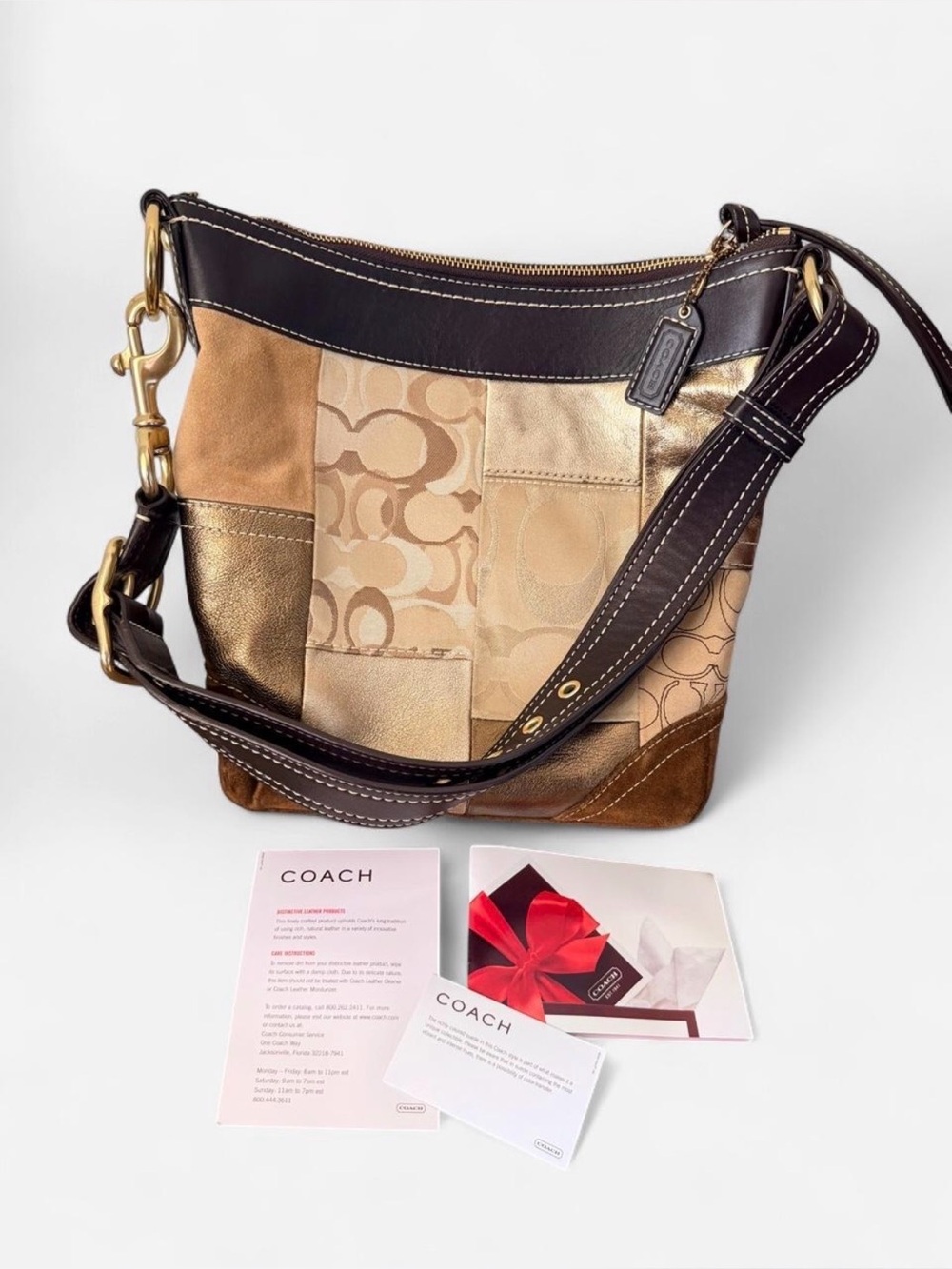 Coach Patchwork Signature Shoulder/Crossbody Bag in Metallic Gold and Brown